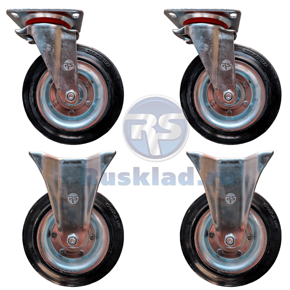 Комплект усиленных колёс 2 поворотных, 2 неповоротных RS Ø200мм (г/п 550кг) Комплект усиленных колёс 2 поворотных, 2 неповоротных RS Ø200мм (г/п 550кг)